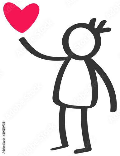 Simple black and white stick figure boy, child giving love red heart isolated on white background