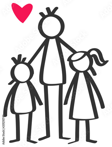 Simple stick figures single parent, father, son, daughter, children isolated on white background