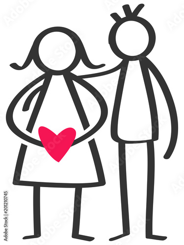 Simple stick figures happy couple, man, pregnant woman with red heart isolated on white background
