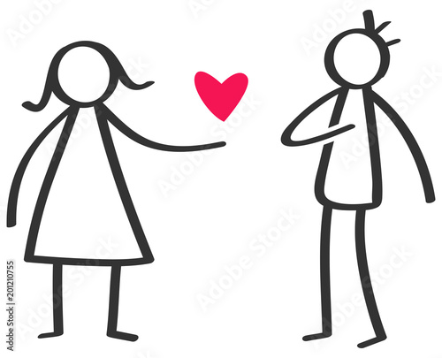 Simple black and white stick figure woman giving love red heart to man isolated on white background, declaration of love