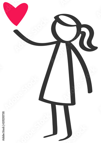 Simple black and white stick figure girl giving love red heart, Mother's Day isolated on white background