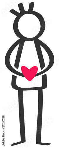 Simple black and white stick figure man holding red heart, single, dating, isolated on white background
