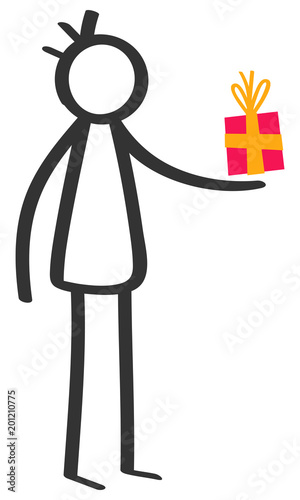 Simple black and white stick figure man giving gift box, birthday present isolated on white background