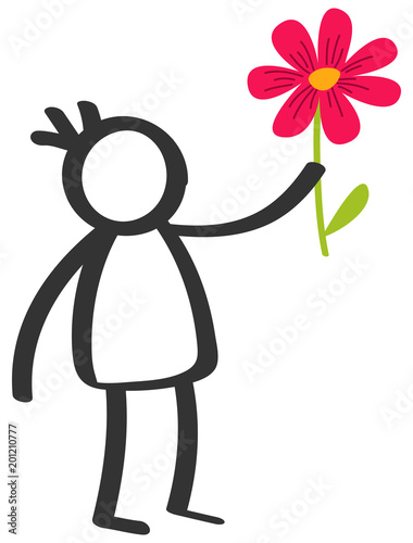 Simple black and white stick figure boy giving flower, love, Mother's Day, isolated on white background