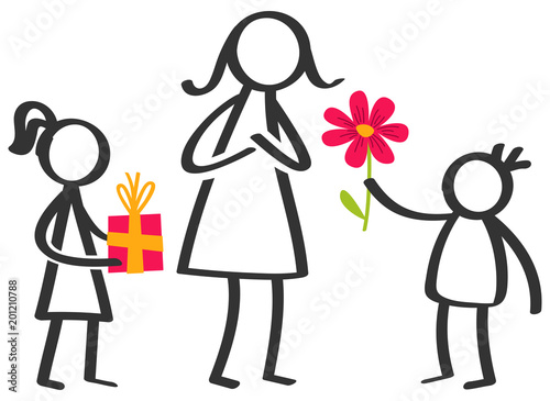 Simple stick figures family, children giving flowers and gifts to mother on Mother's Day isolated on white background