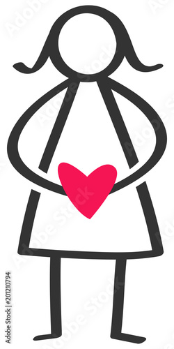 Simple black and white stick figure pregnant woman holding red heart isolated on white background