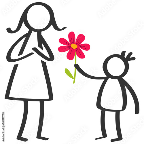 Simple stick figures family, boy giving flower to mother on Mother's Day, birthday isolated on white background