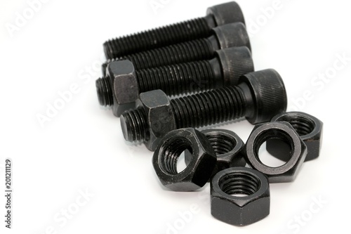 Black steel bolts and nuts mechanical part