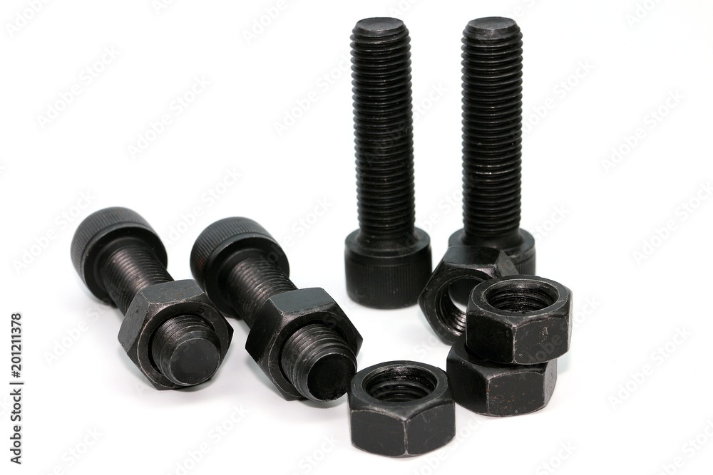 Black steel bolts and nuts mechanical part Black steel bolts and nuts mechanical part