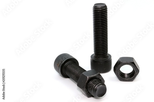 Black steel bolts and nuts mechanical part
