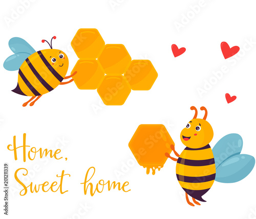 Bright image with two funny bees building beehouse