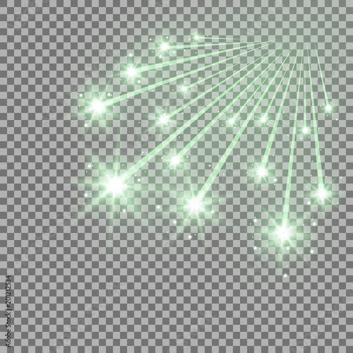Glittering falling stars with stardust, green color