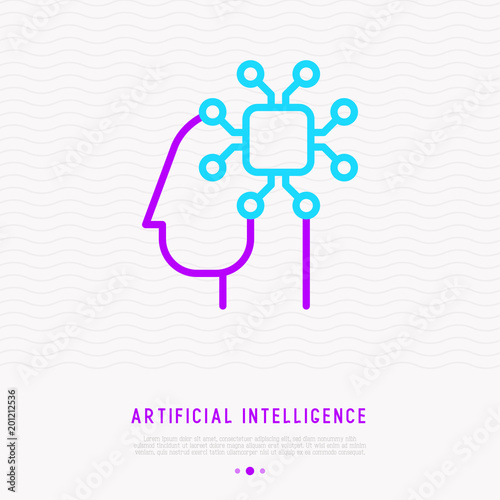 Artificial intelligence or machine learning thin line icon, chip in head. Modern vector illustration.