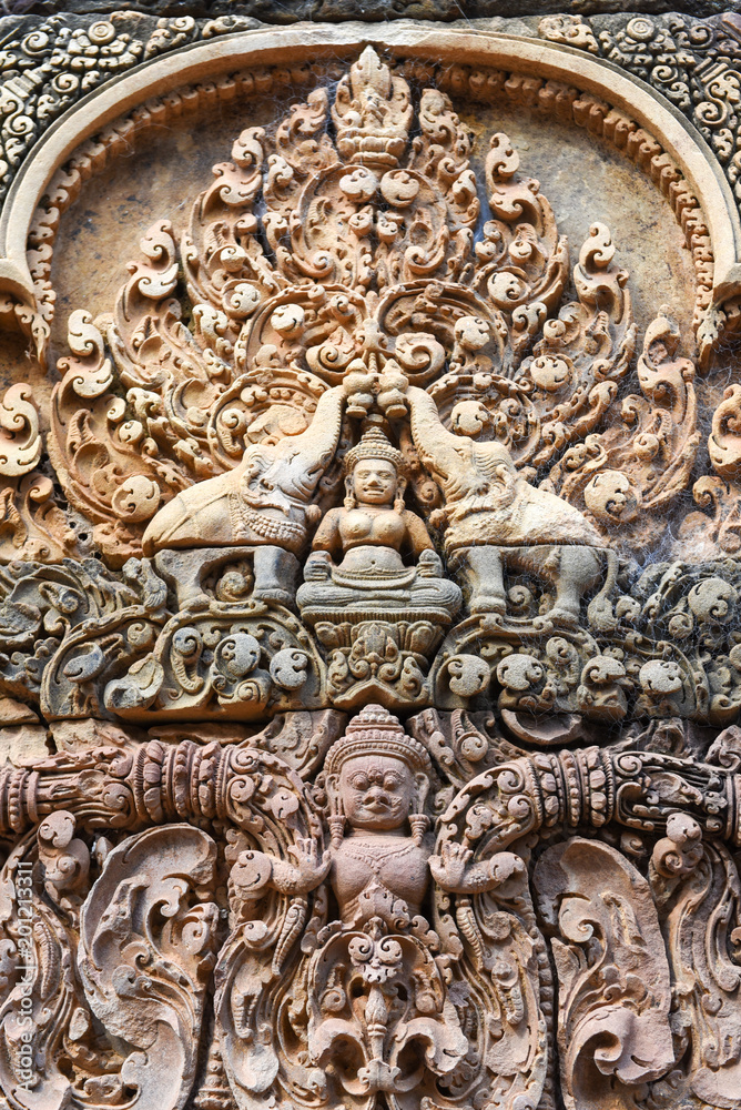 Banteay Srei temple close-up carving, Cambodia