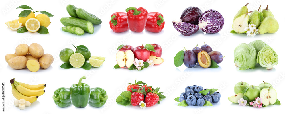 Fototapeta Kolekcja owoców i warzyw pojedyncze jabłka truskawki cytryny kolory owoców