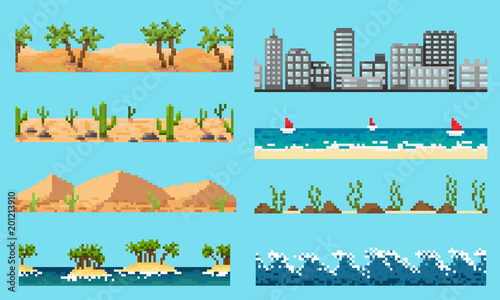 A set of pixel seamless element landscape