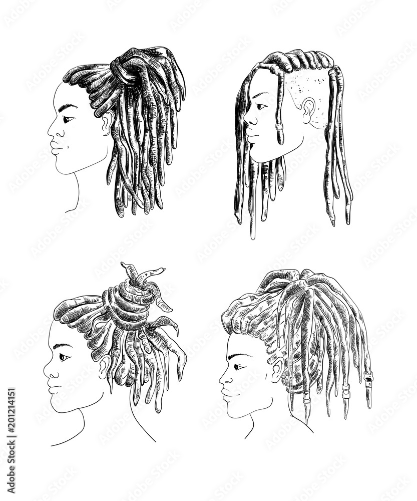 Dreadlocks Back Drawing Portrait of men and women with dreadlocks in profile. Isolated on white ...