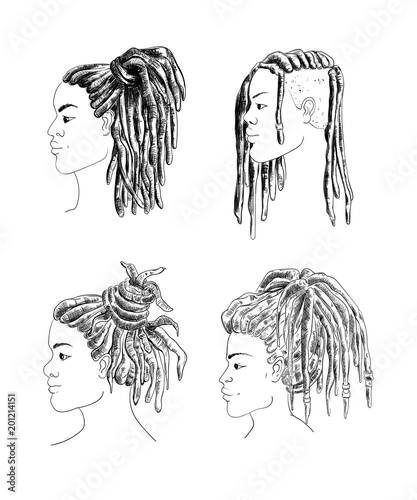Portrait of men and women with dreadlocks in profile. Isolated on white background. Black and white vector illustration in sketch style 