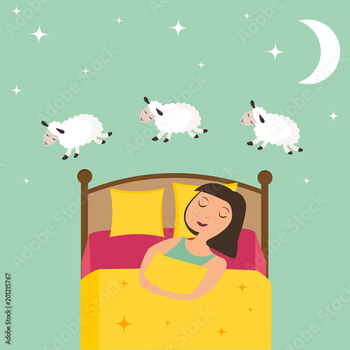 Counting girl to fall asleep vector illustration.