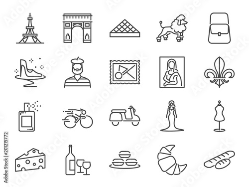 France travel icon set. Included the icons as French toast, landmarks, The Eiffel Tower, baguettes, Paris fashion, Brand name, Poodle dog, attractions and more