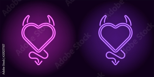 Neon devil heart in purple and violet color