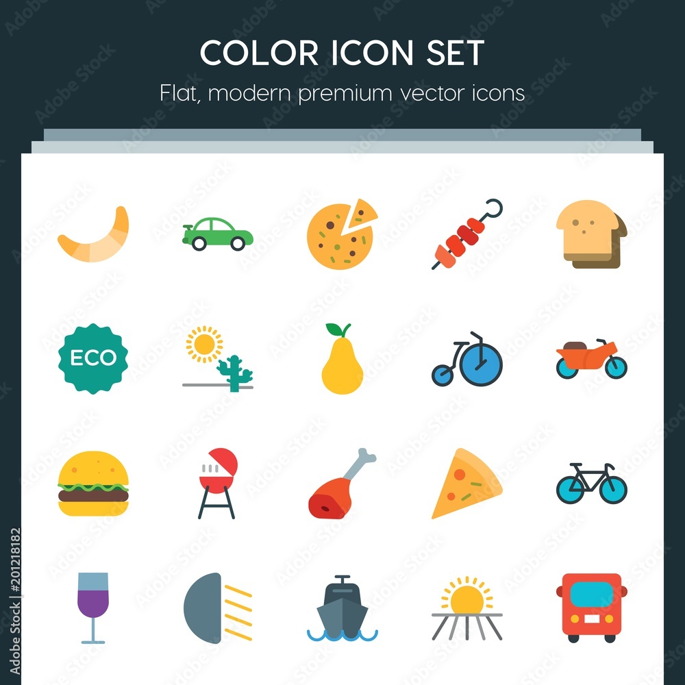 Fototapeta premium Modern Simple Set of transports, food, nature, drinks Vector flat Icons. ..Contains such Icons as breakfast, green, vessel, cycle, drink and more on dark background. Fully Editable. Pixel Perfect