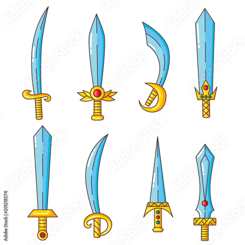 Swords knifes blades doodle colorful vector set