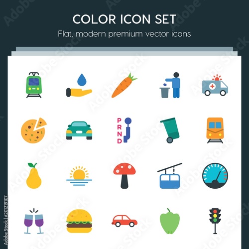 Modern Simple Set of transports, food, nature, drinks Vector flat Icons. ..Contains such Icons as  sun, traffic,  view,  toast, tram,  drop and more on dark background. Fully Editable. Pixel Perfect