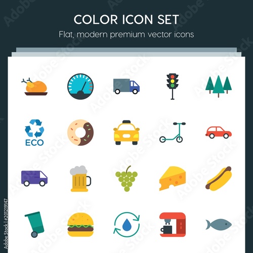 Modern Simple Set of transports, food, nature, drinks Vector flat Icons. ..Contains such Icons as water, traffic,  hot,  truck,  slice, glass and more on dark background. Fully Editable. Pixel Perfect