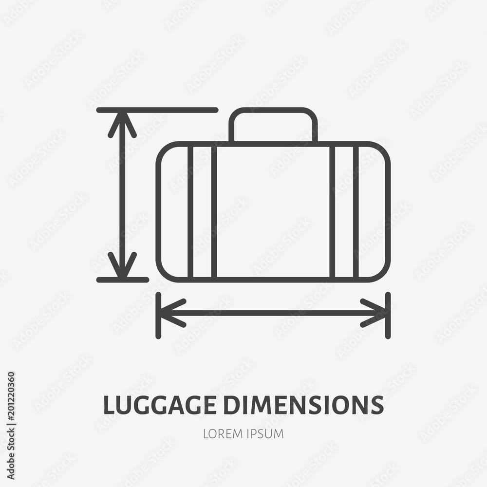 Luggage dimensions flat line icon. Retro suitcase sign. Thin linear logo for airport baggage
