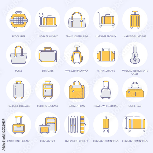 Luggage flat line icons. Carry-on, hardside suitcases, wheeled bags, pet carrier, travel backpack. Baggage dimensions and weight colored thin linear signs for airport.
