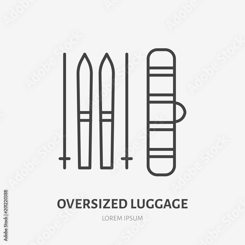 Oversized luggage set flat line icon. Ski package sign. Thin linear logo for airport baggage rules.