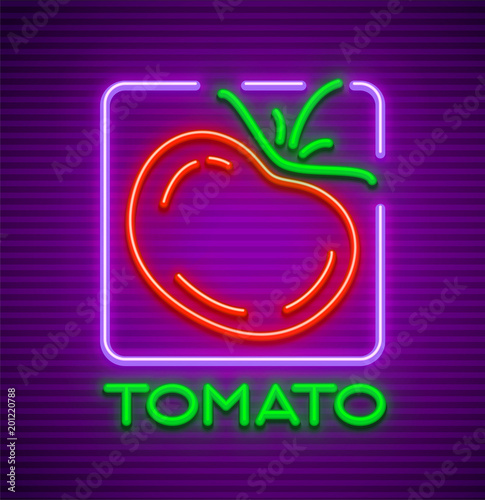 Ripe red tomato neon sign. EPS10 vector illustration.