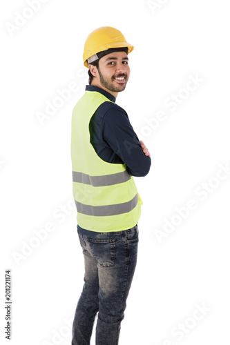 back view of smiling engineer