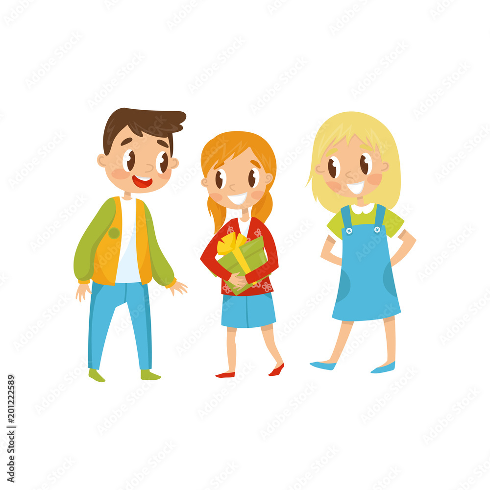Kids at birthday party, girl holding gift box cartoon vector Illustration on a white background Kids at birthday party, girl holding gift box cartoon vector Illustration on a white background