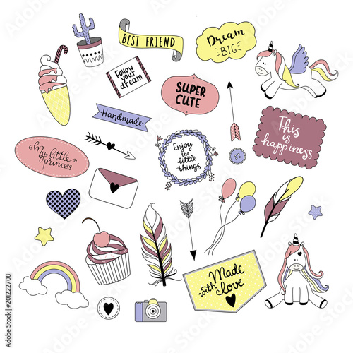 Collection of doodles - unicorns, cupcake, ice cream, rainbow, cactus etc.