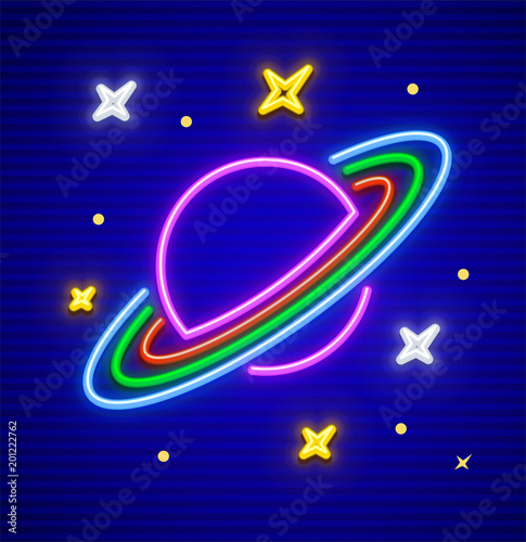 Saturn planet with rings in space. Neon sign. Stars made