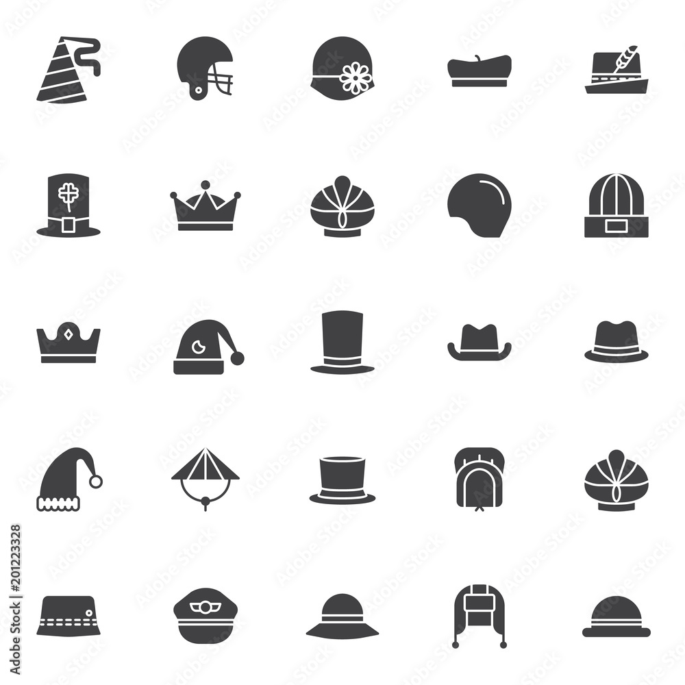 Headdress accessories vector icons set, modern solid symbol collection, filled style pictogram pack. logo illustration. Set icons as american football helmet, women's hat bowler, german Stock Vector | Adobe Stock
