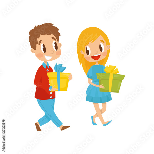Boy and girl with gift boxes going to party  birthday party concept cartoon vector Illustration on a white background