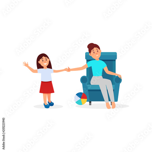 Woman being tired with her daughter, parenting stress vector Illustration on a white background