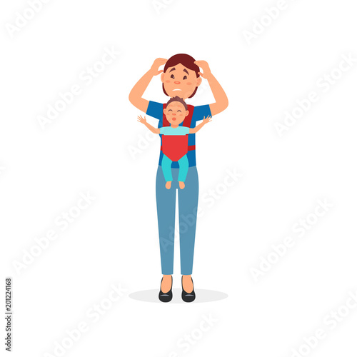 Woman being tired with her little baby, parenting stress vector Illustration on a white background