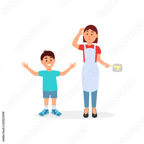 Tired mother and her son, parenting stress vector Illustration on a white background