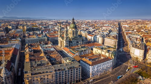 Budapest, Hungary - Aerial view of St.Stephen's basilica and skyline of Budapest at sunset with clear blue sky