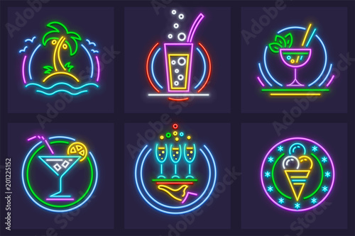 Set of Neon Icons. Beach cocktails tequila, wine, and mojito