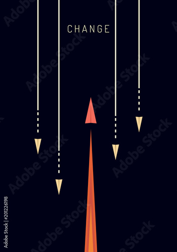 Minimalist stile red airplane changing direction and white ones. New idea, change, trend, courage, creative solution, innovation and unique way concept.