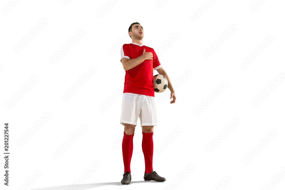 Professional football soccer player with ball isolated white background Professional football soccer player with ball isolated white background