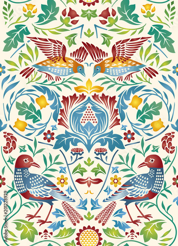 Fototapeta Naklejka Na Ścianę i Meble -  Vintage flowers and birds seamless pattern on light background. Color vector illustration.