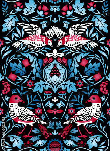 Fototapeta Naklejka Na Ścianę i Meble -  Vintage flowers and birds seamless pattern on black background. Color vector illustration.