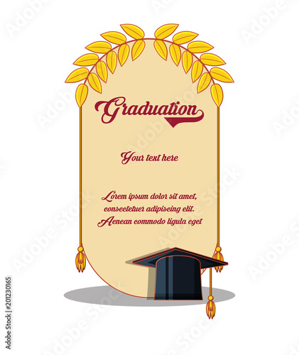 graduation card with hat and diploma vector illustration design