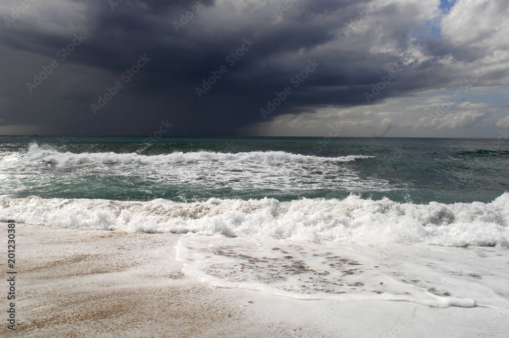 View of great storm on the sea. Strong wind and big waves with splash drops under dark sky. Alanya, Turkey View of great storm on the sea. Strong wind and big waves with splash drops under dark sky. Alanya, Turkey